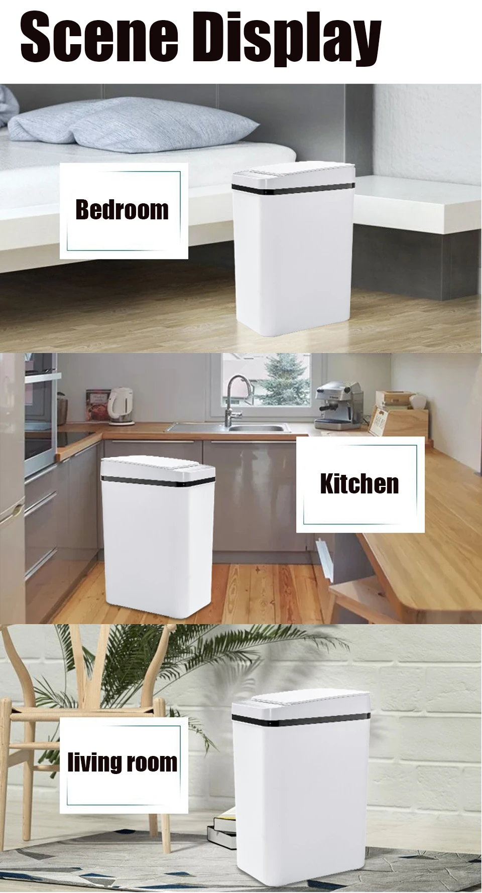 Automatic Kitchen Trash Can,12L Motion Sensor-Activated Trash Can with Lid, Waterproof Smart Trash Bin，Can for Kitchen, Bedroom