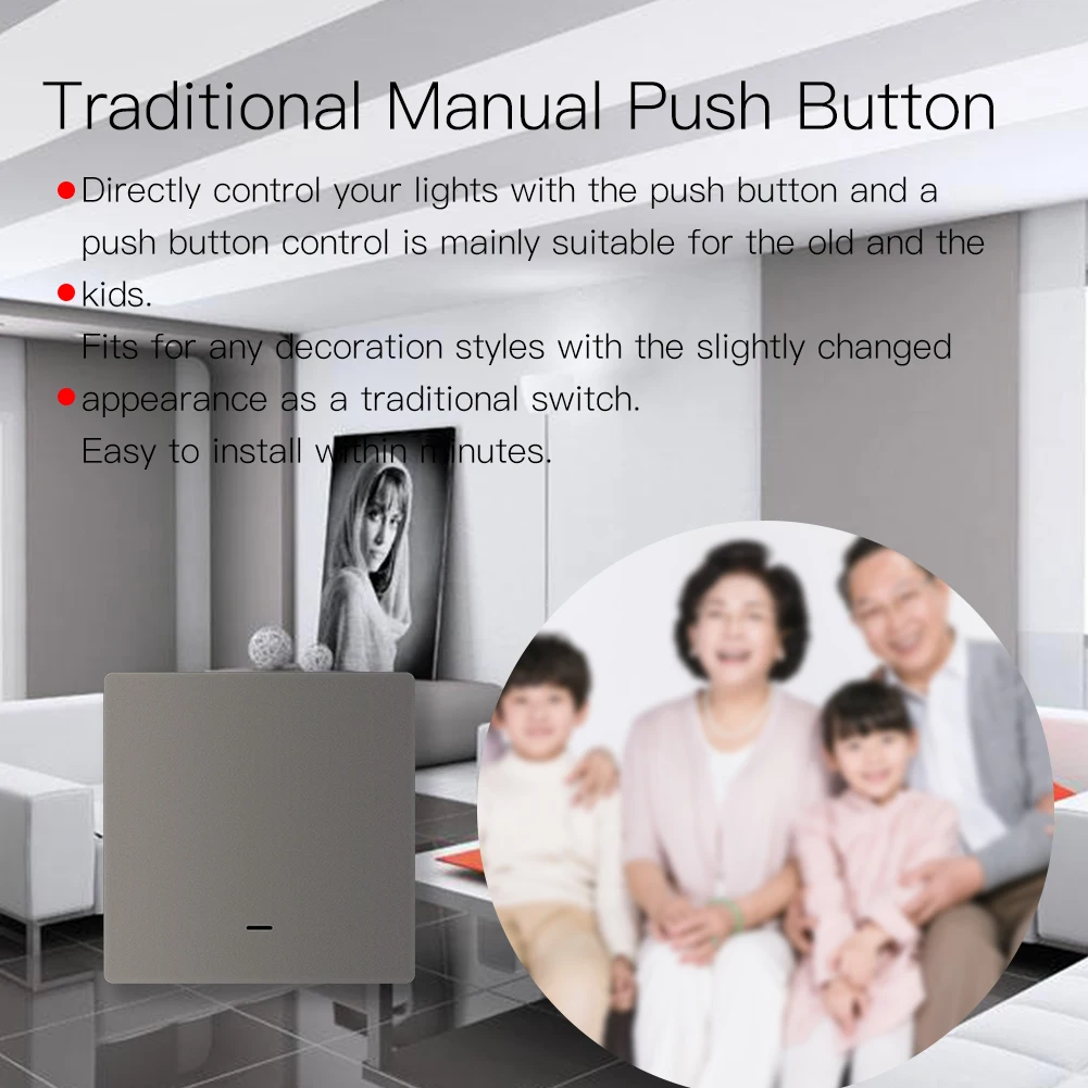 MOES WiFi Smart Push Button Wall Light Switch RF433 Transmitter Smart life Tuya App Remote Control Works with Alexa Google Home