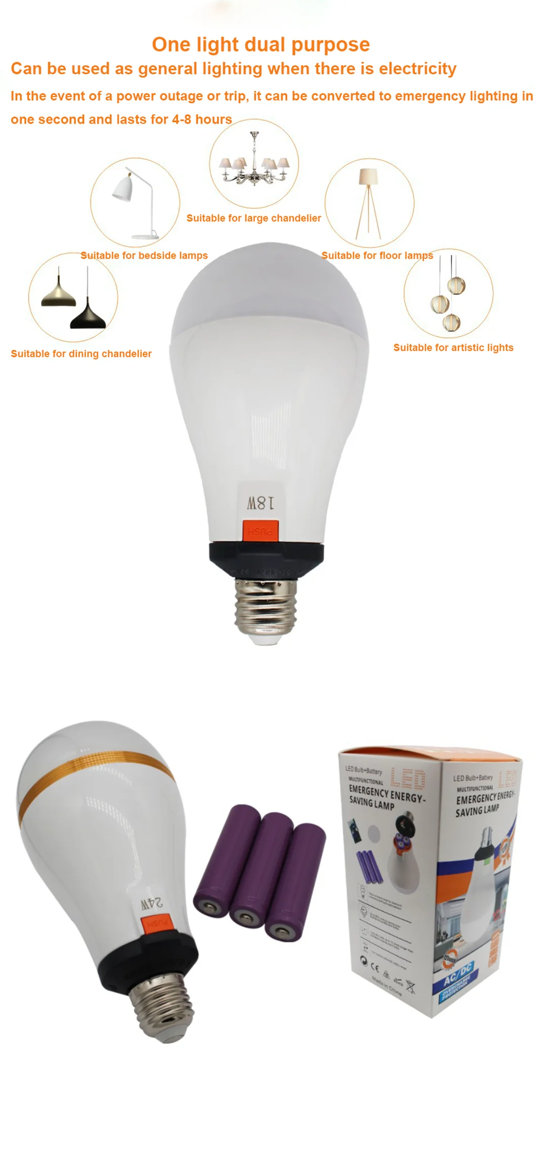 18650 Battery LED Emergency Bulb With Removable 18650 Outdoor Camping Rechargeable Bulb Power Supply AC 85-265V Lighting 8 Hours