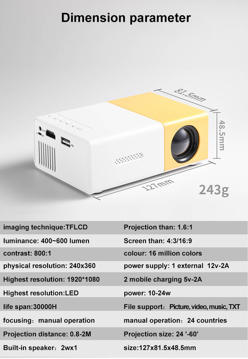 YG300 Mini Projector Portable Projector Wifi Smart 1280 720P Full HD Office Home Theater Video Mini Projector Mobile Projection