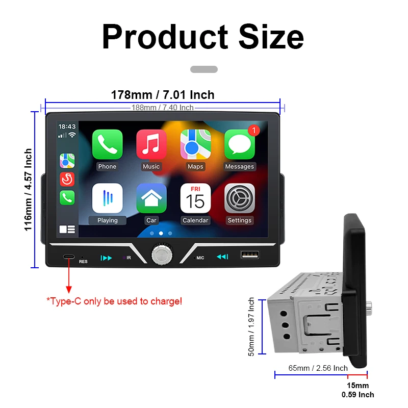 Hippcron Car Radio 1 Din Wireless Android Auto Carplay MP5 Stereo 7" IPS Screen Bluetooth Mirror Link Type-C Charging Universal