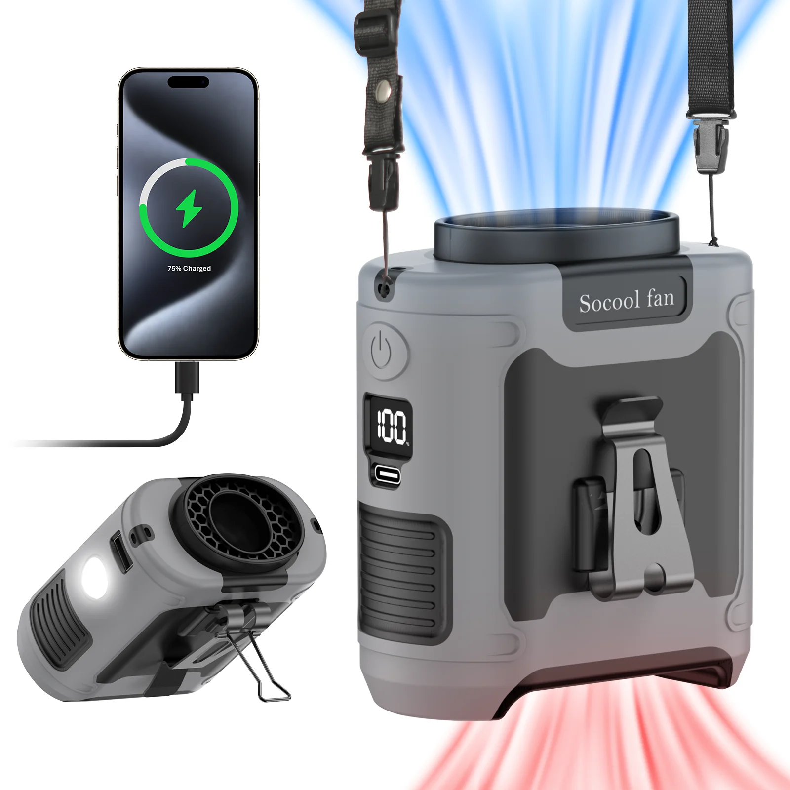 S01990477ab0744cb9a8b9b6baf78146bB.webp Socool 10000mAh Waist Fan Portable Handheld Hanging Neck Fan Ultra-Strong Wind with Phone Charging LED Light for Outdoor Working