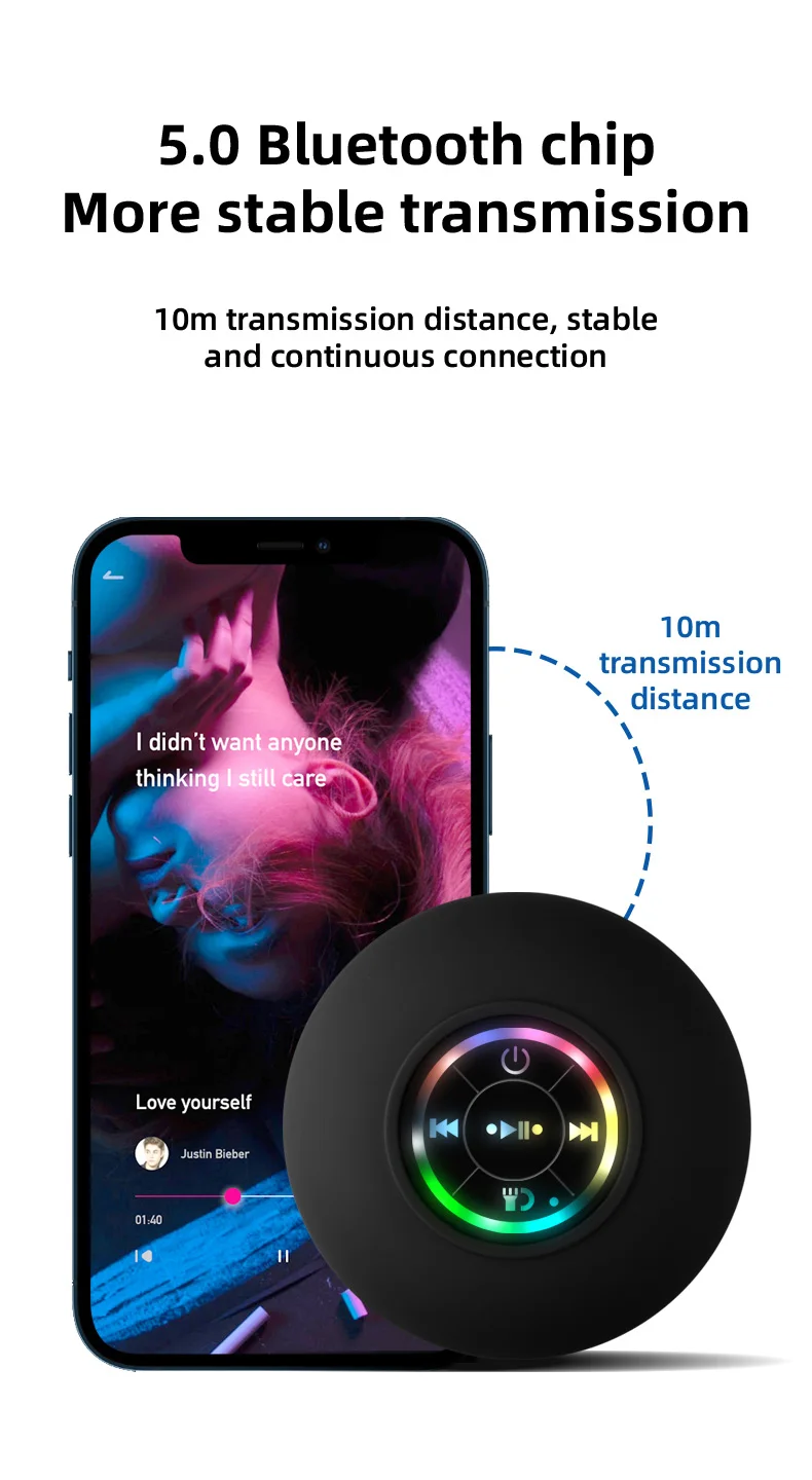 Portable Waterproof Bluetooth Shower Speaker with Suction Cup and LED Lights 3D Surround Stereo subwoofer