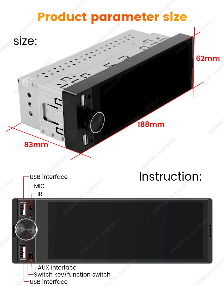 1DIN Universal MP5 6.86-Inch Car Radio Support Wireless Carplay Android AUTO AUX USB SWC BT Touch Screen Multimedia Video Player