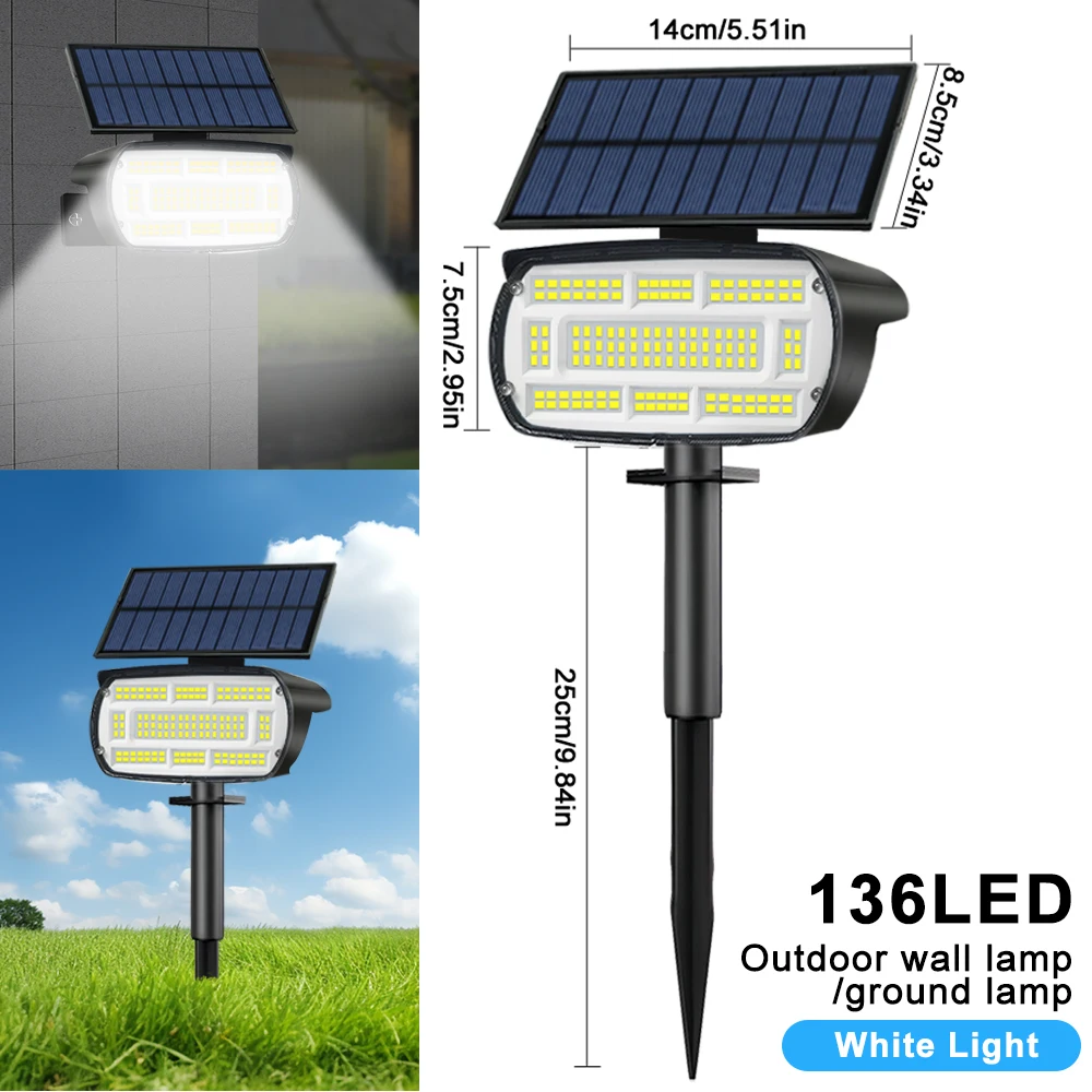 72 LED Solar Spotlights Outdoor Landscape Waterproof 108/136 LEDS Solar Powered Wall Light Auto On/Off for Yard Garden Pathway