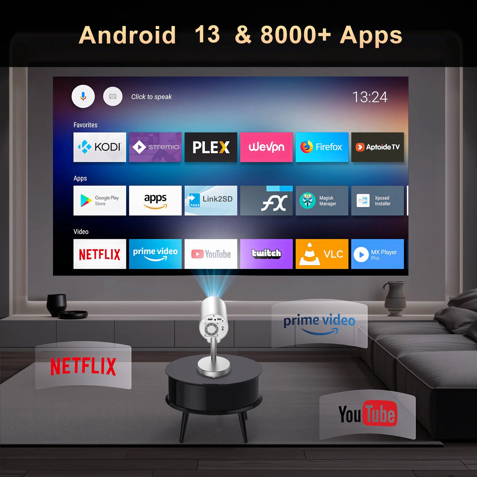 Salange X5 Mini Projector with Built-in Adjustable Stand Physical 720P Support 1080P Android Smart Beamer with Wifi Bluetooth