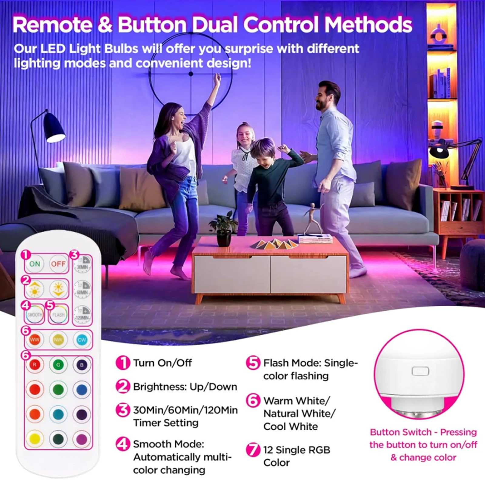 HPH Rechargeable Light Bulbs Remote Control Battery Operated Light Bulb with Timer, Dimmable, 3 Color Temperatures