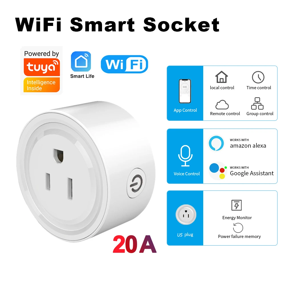 Tuya Smart Plug WiFi Socket 20A with Power Monitoring US Canada Mexico Peru Japan Timing Voice Control Support Alexa Google Home