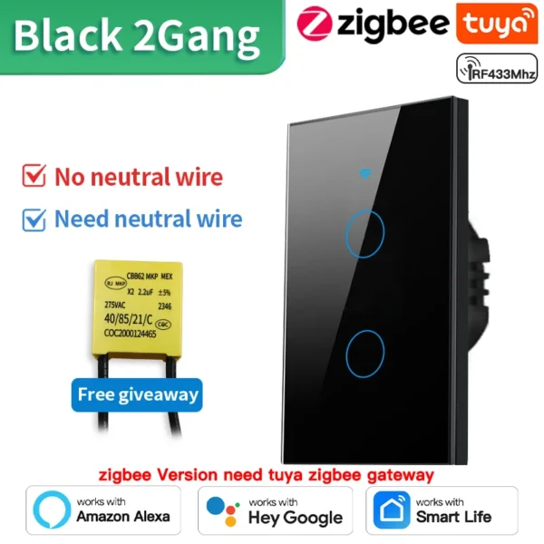 TNCE Tuya US Switch wifi zigbee,rf433 switches, No-Neutral/Wire LED light control Wall Button,smart voice with Alexa Google Home