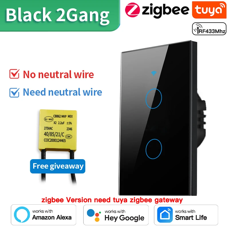 TNCE Tuya US Switch wifi zigbee,rf433 switches, No-Neutral/Wire LED light control Wall Button,smart voice with Alexa Google Home