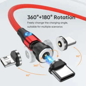 S087af1a04475436fb7dcf73b4257aa54X.webp Magnetic Micro USB Type C Charging Cable for Xiaomi Samsung Huawei POCO Redmi 3 in 1 540 Rotate LED Magnetic Cable for iPhone