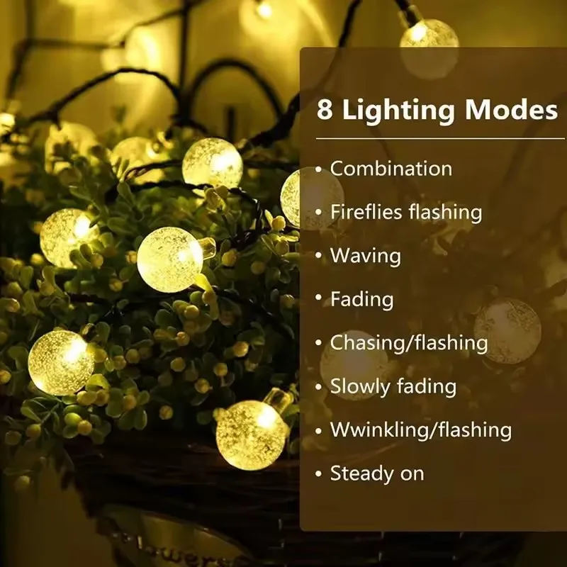 1PCS Solar Crystal Globe LED String Lights 20/60 LED 8 Lighting Modes  Fairy Light Christmas Garland for Garden Party Decor