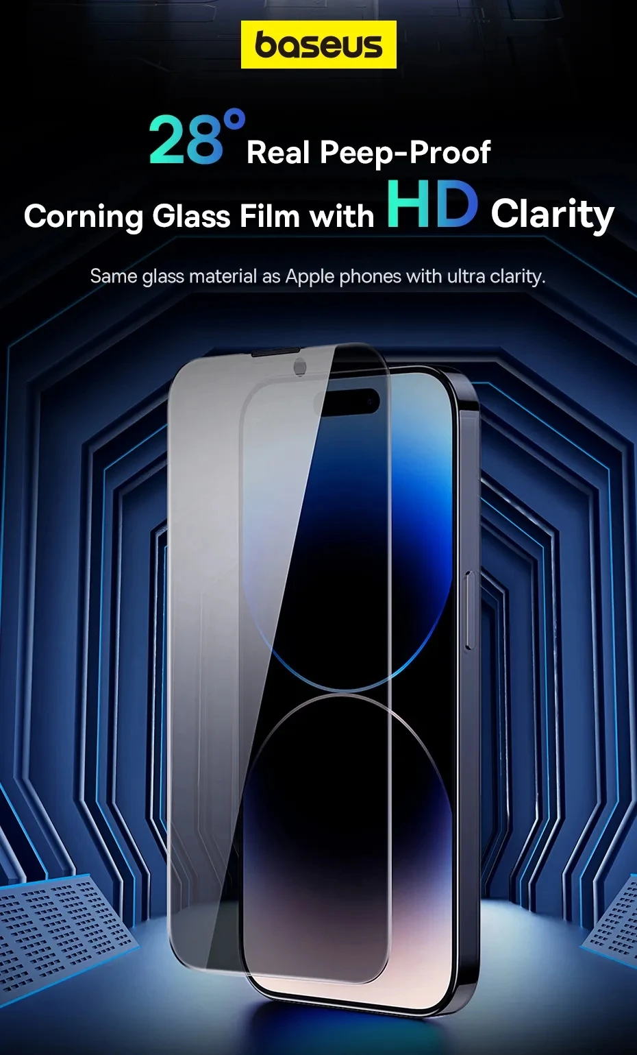Baseus 0.4mm Corning Tempered Glass for iPhone 16 15 14 13 Pro Max Plus Screen Protector Anti-Peeping Auto Installation Film