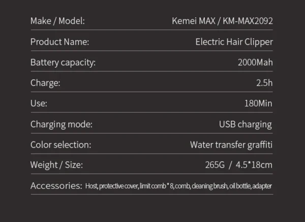 Kemei Rechargeable Graffiti Pattern Electric Hair Clipper Professional Barber Trimmer Man Shaver Km-MAX2092 KM-MAX5090 KM-RS7098