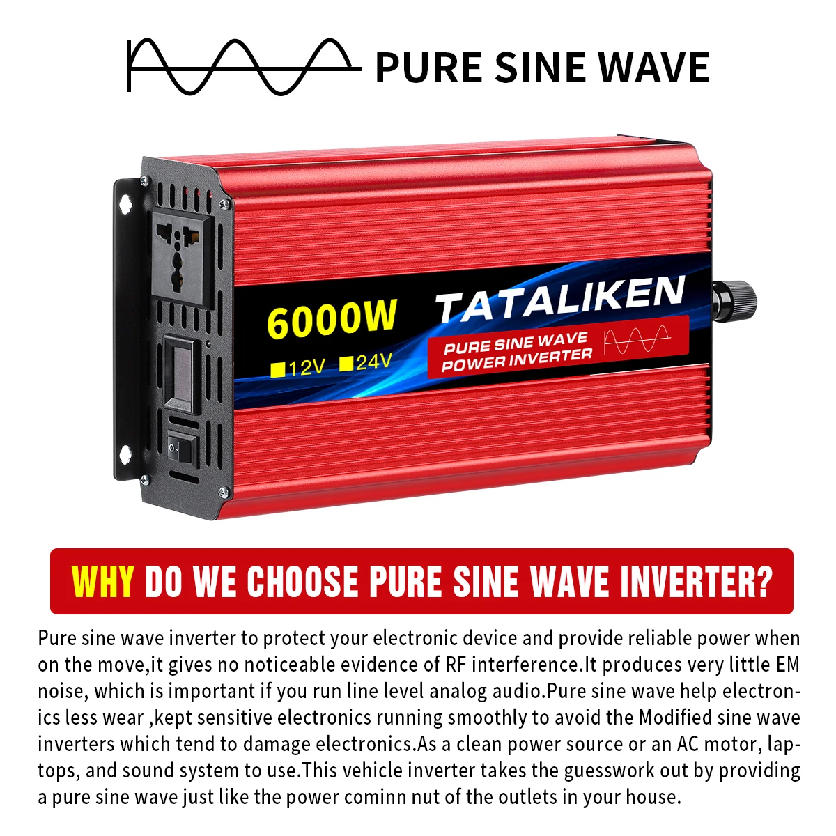 Pure Sine Wave Inverter 1000W-4000W DC 12V/24V to AC 220V 50hz Power Inverter Charger  Adapter Universal Socket