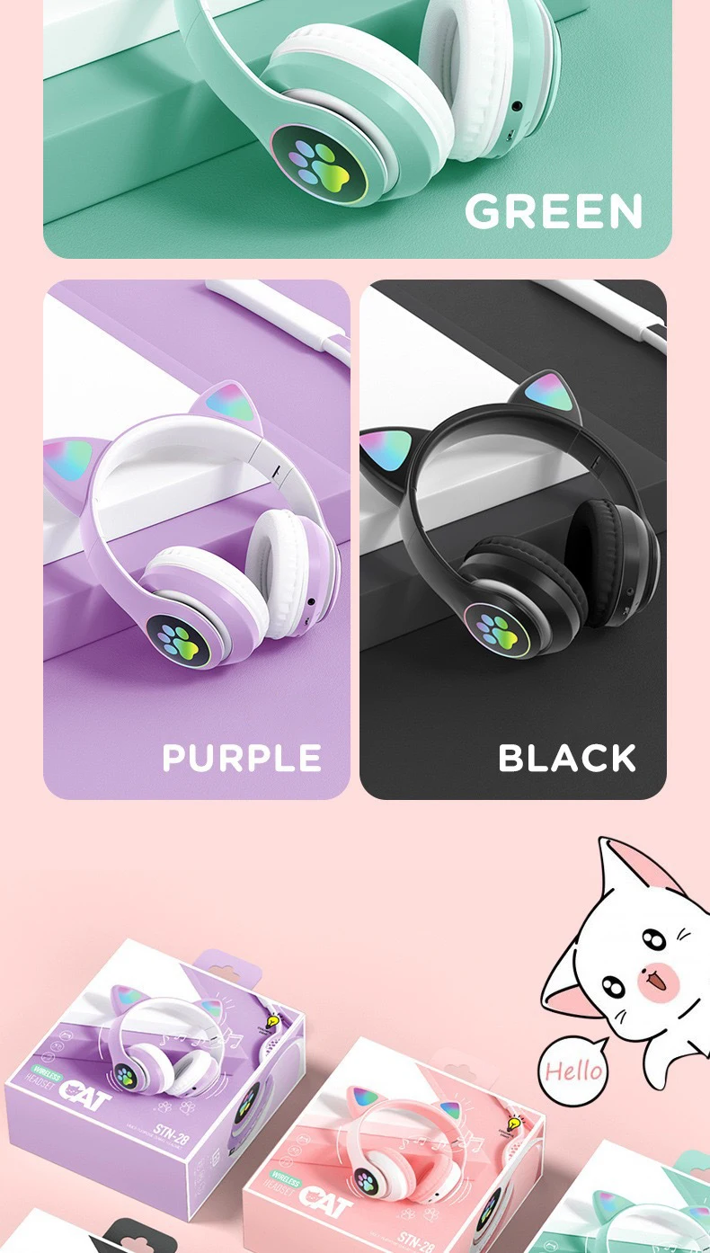 Cat Ears Headphones Flash Light Wireless With MIC Control LED Kid Girl Stereo Cute Music Helmet Bluetooth Phone Headset Earphone