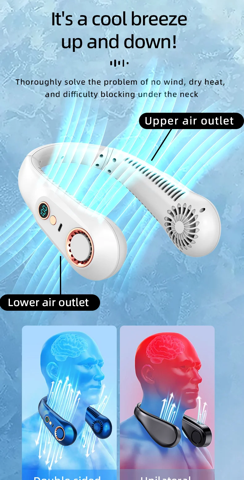 New 3000mA Portable Mini Hanging Neck Fan Bladeless Neckband Fan Digital Display Power Air Cooler USB Rechargeable Electric Fans