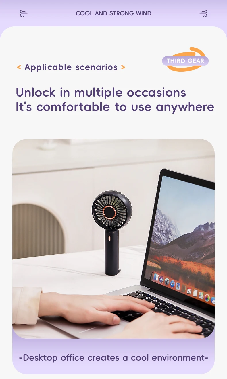 Mini Portable Fan Cute Design 3 Speed Personal Handheld  Desktop with Standing Ring Lightweight USB Rechargeable