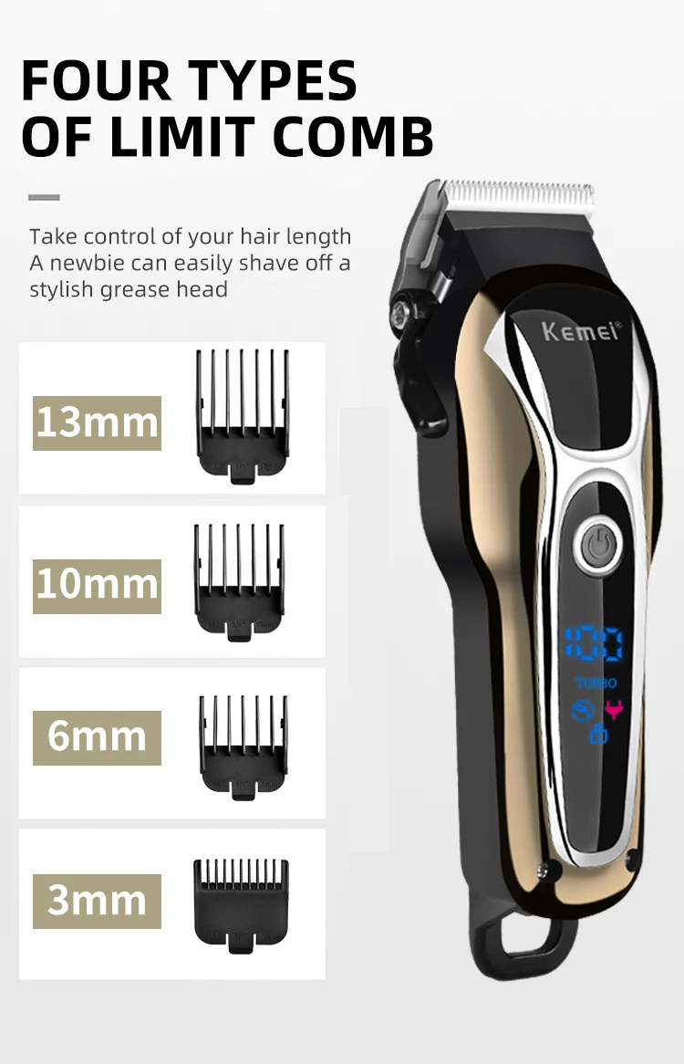 Kemei Professional Hair Clipper Rechargeable Trimmer Men Electric Cutter Hair Cutting Machine LCD Cordless Beard Trimmer KM-1990