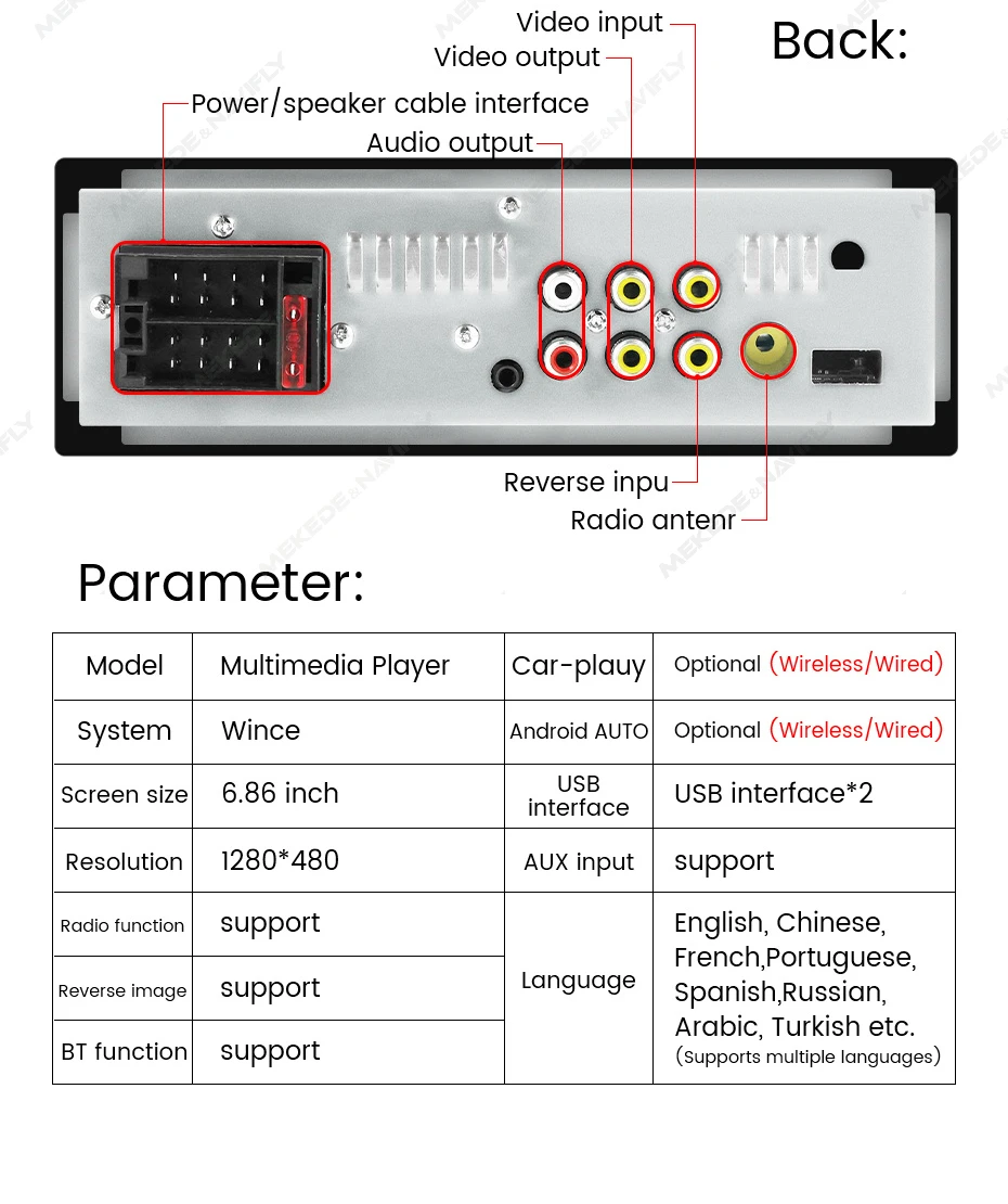 1DIN Universal MP5 6.86-Inch Car Radio Support Wireless Carplay Android AUTO AUX USB SWC BT Touch Screen Multimedia Video Player
