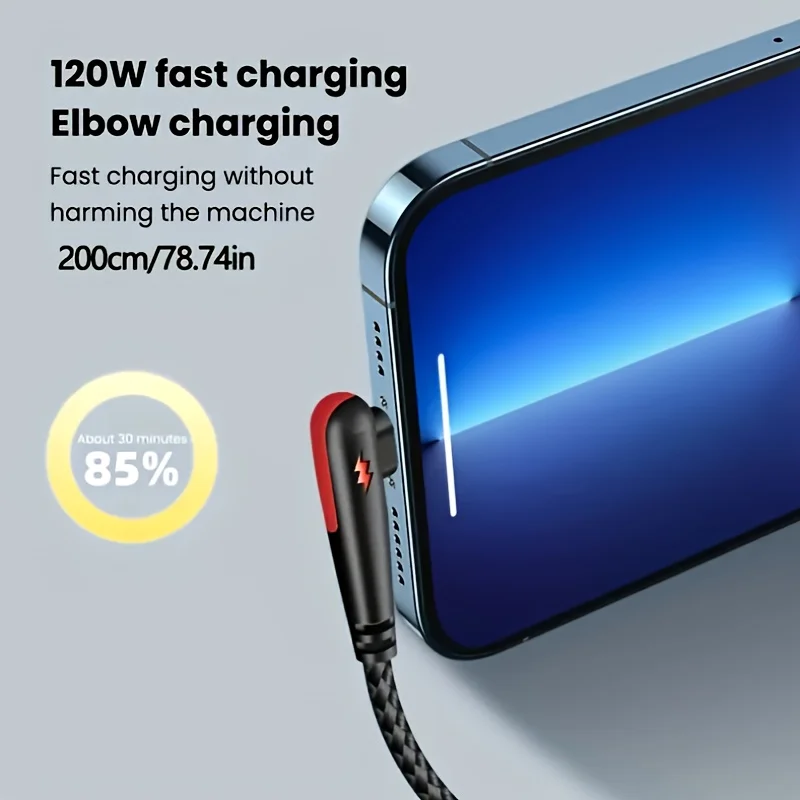 NNBILI 120W fast charging USB to Type-C cable, nylon braided, 90 ° elbow design with high power output suitable for Huawei oppo
