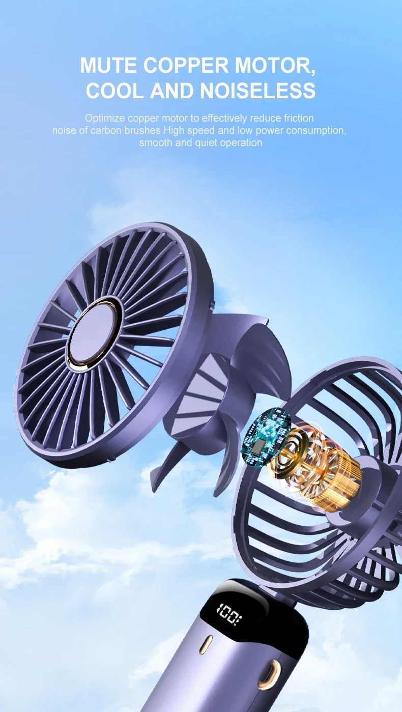 3000mAh Handheld Mini Fan Foldable Portable Neck Hanging Fans 5 Speed USB Rechargeable Fan with Phone Stand and Display Screen