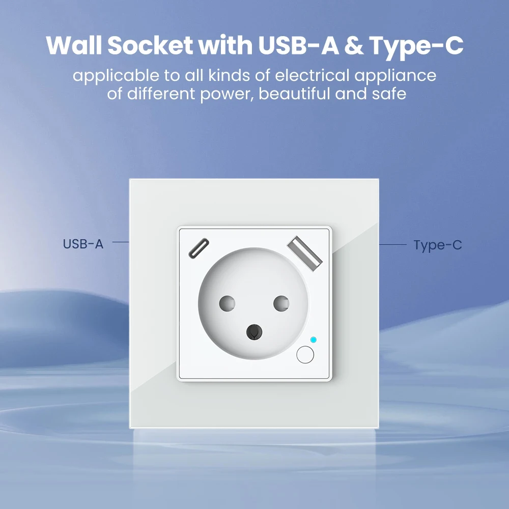 Shawader Tuya WiFi Smart Israel Wall Socket EU Power Plug Outlet USB Type-C PD 20W Charge Port for Iphone Alexa Dot Google Home