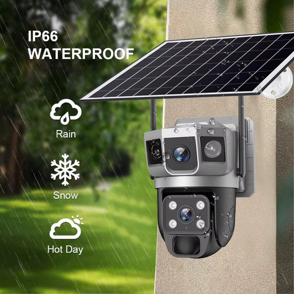 Dual Lens Three Screens WIFI Solar Camera 12MP 10X Zoom CCTV Outdoor Automatic Tracking Humanoid Detection Support PTZ IP66 Cam