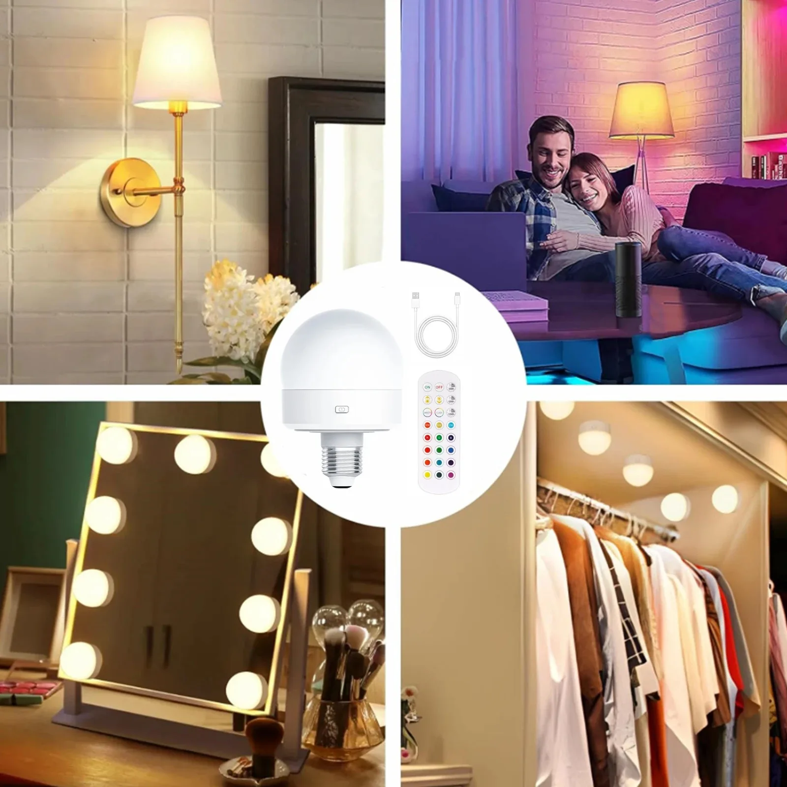 HPH Rechargeable Light Bulbs Remote Control Battery Operated Light Bulb with Timer, Dimmable, 3 Color Temperatures
