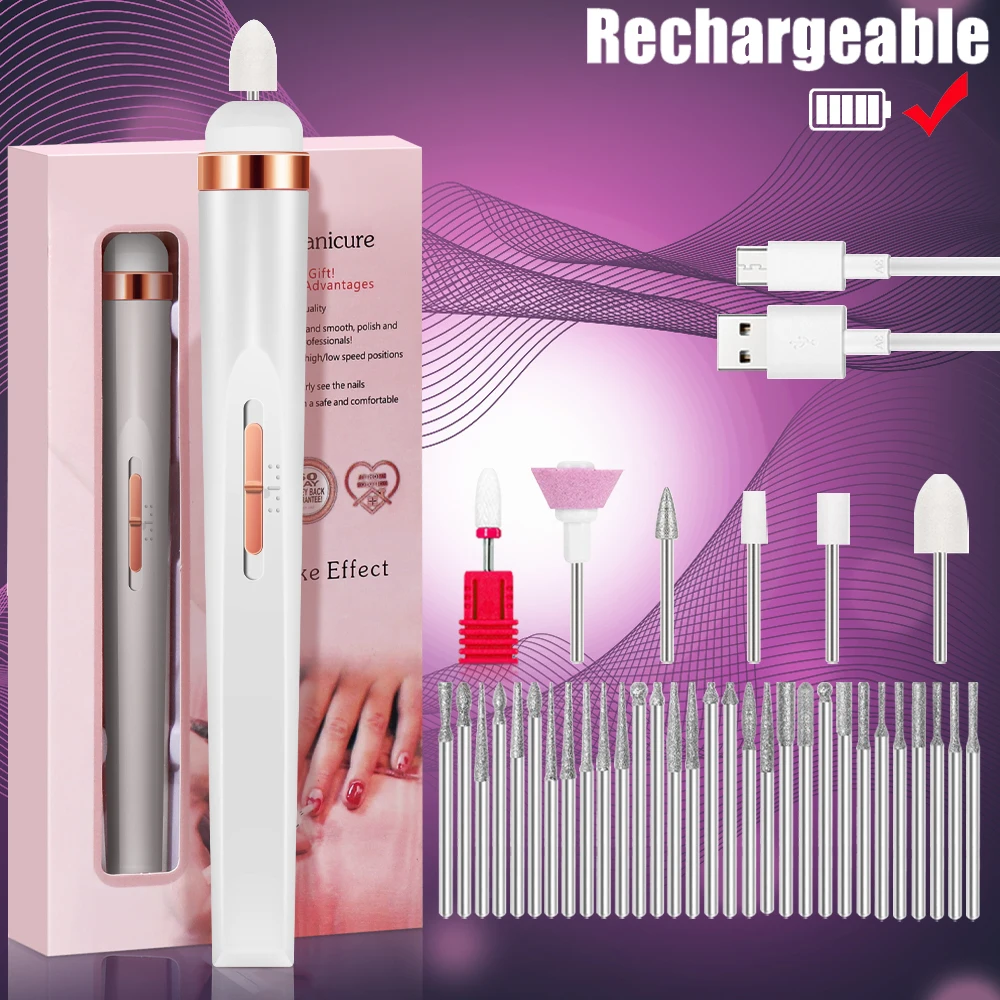 Electric Nail Polish Drill Set Machine With Light Multiple Gears Portable With Battery Electric Manicure Art Tools