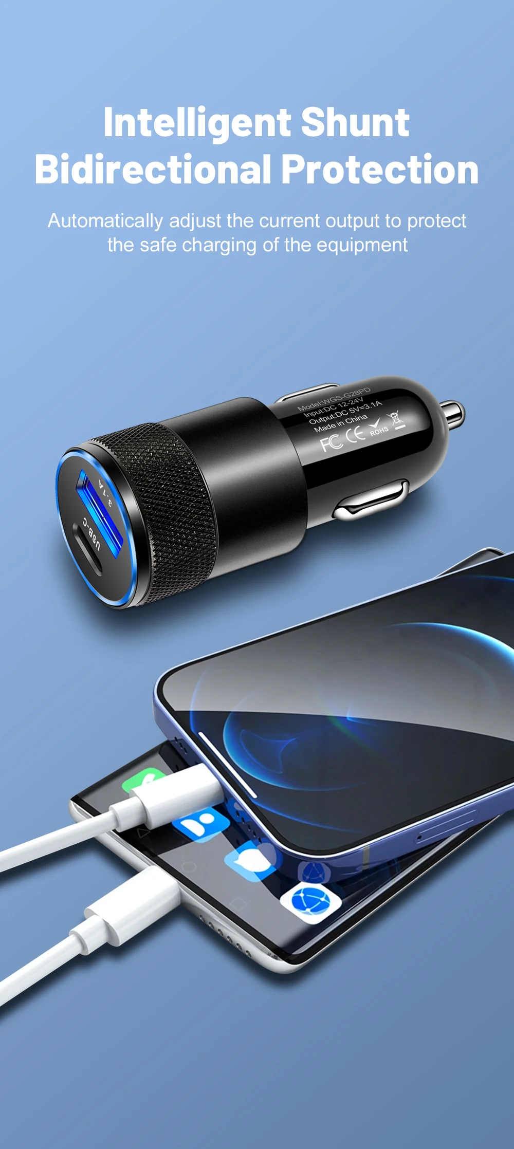3.1A USB Car Charger Type C Fast Charging Phone Adapter For Xiaomi Huawei PD Phone Charger Adapter Socket Cigarette Lighter