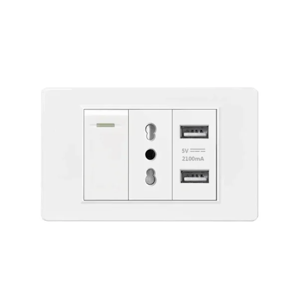 Italy Chile  Standard Outlet with USB Smart Type-c 20W Fast Charging, Dual USB Wall Socket Chile Plug Plastic Panel Light Switch