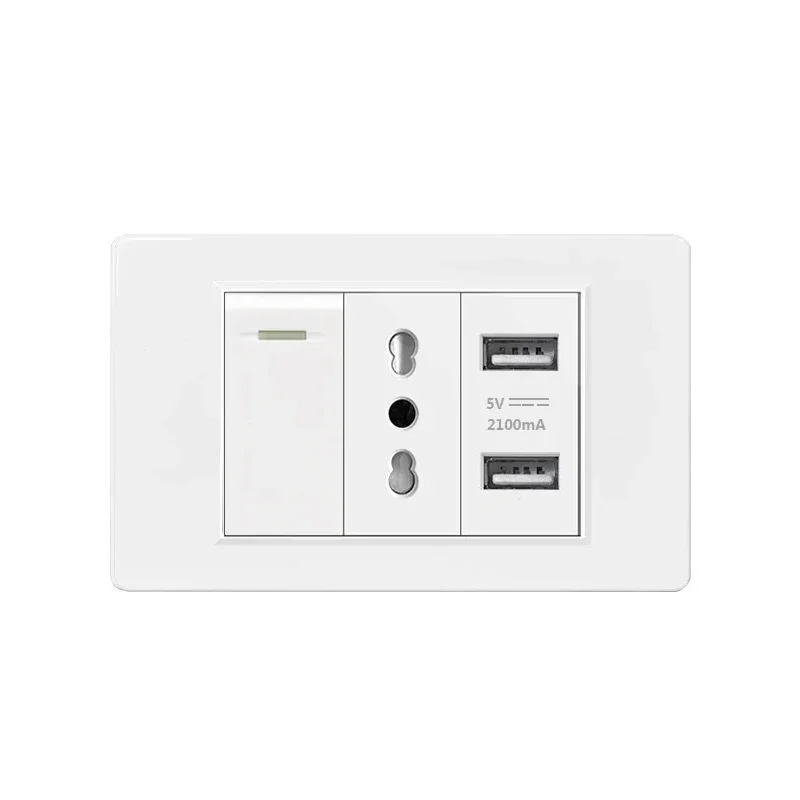 Italy Chile  Standard Outlet with USB Smart Type-c 20W Fast Charging, Dual USB Wall Socket Chile Plug Plastic Panel Light Switch