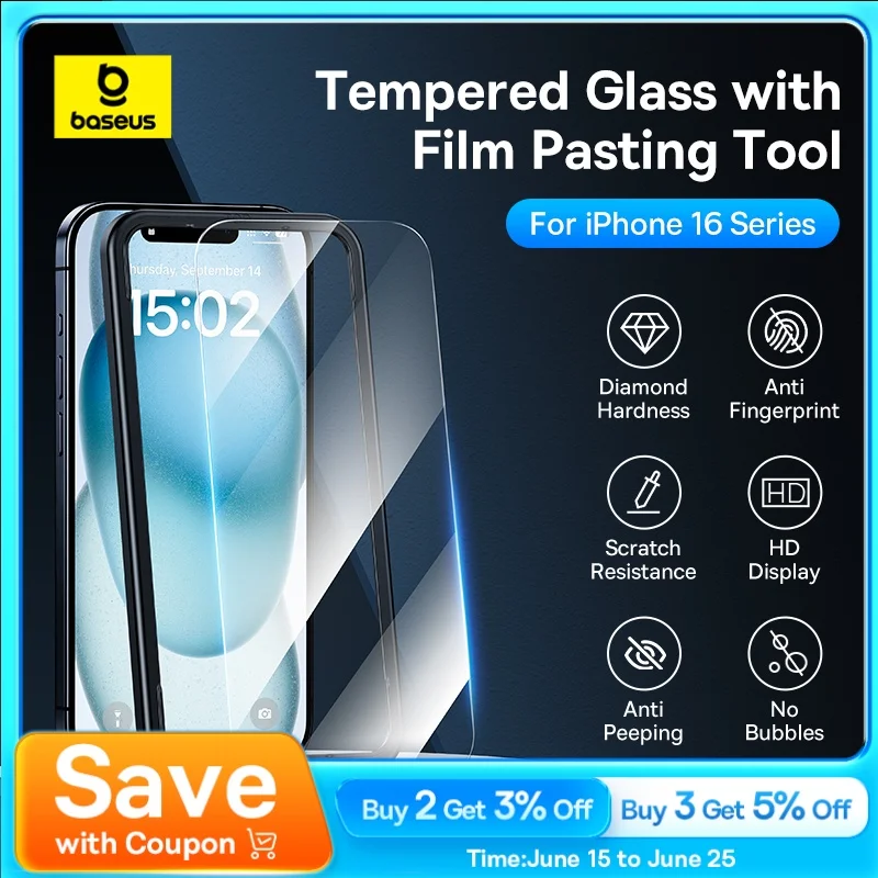 Baseus Tempered Glass for iPhone 16 Pro Max Plus Screen Protector for iPhone 15 14 13 12 11 Pro Max Clear Edge Anti-Peeping Film