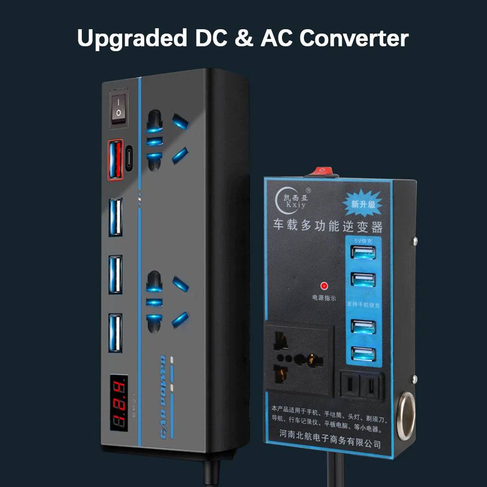 DC 12V/24V to AC 110V/220V Converter USB/PD/Type-C Chargers 200W 8 Ports Sockets ON/OFF Switch Power Adapter Car Inverter QC 3.0