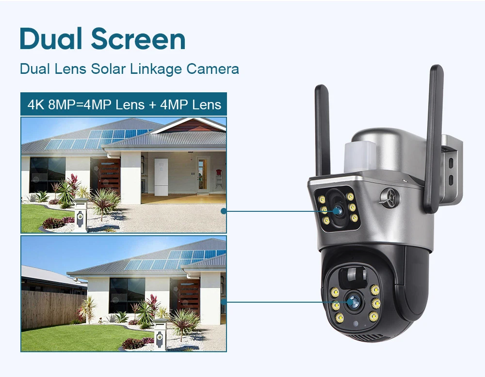 4G / WiFi Solar Camera Dual Lenses Outdoor 8MP 4K Low Power Battery IP Camera PIR Night Vision V380 Pro CCTV Security Protection