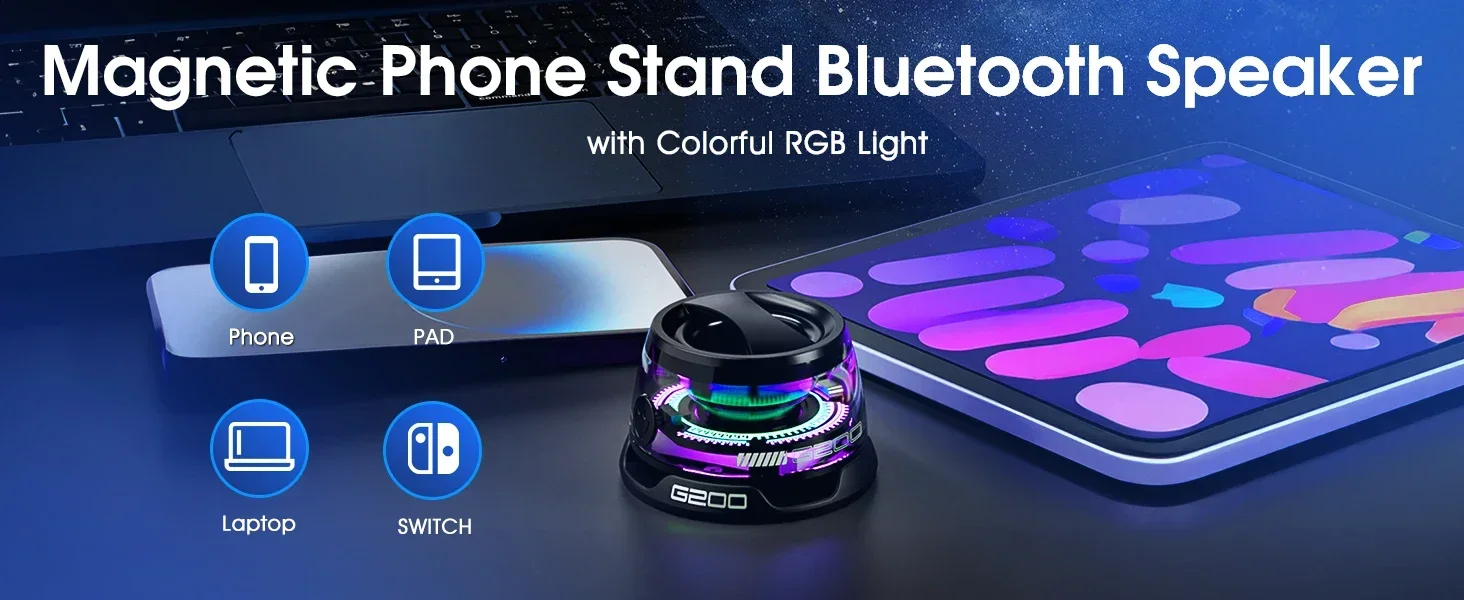 VIKEFON Portable Bluetooth Speaker G200 RGB Lighting Magnetic Speaker BT5.3 Mini Sound Box 7 Hours Playback Phone Holder