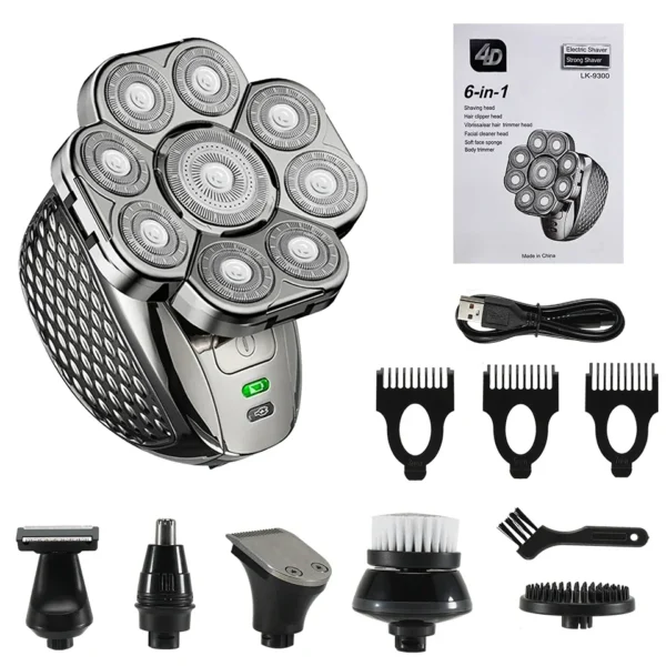 6 in 1 Professional men Waterproof electric shaver with 9 Cutter Floating Head, USB Rechargeable Multifunction Grooming Kit