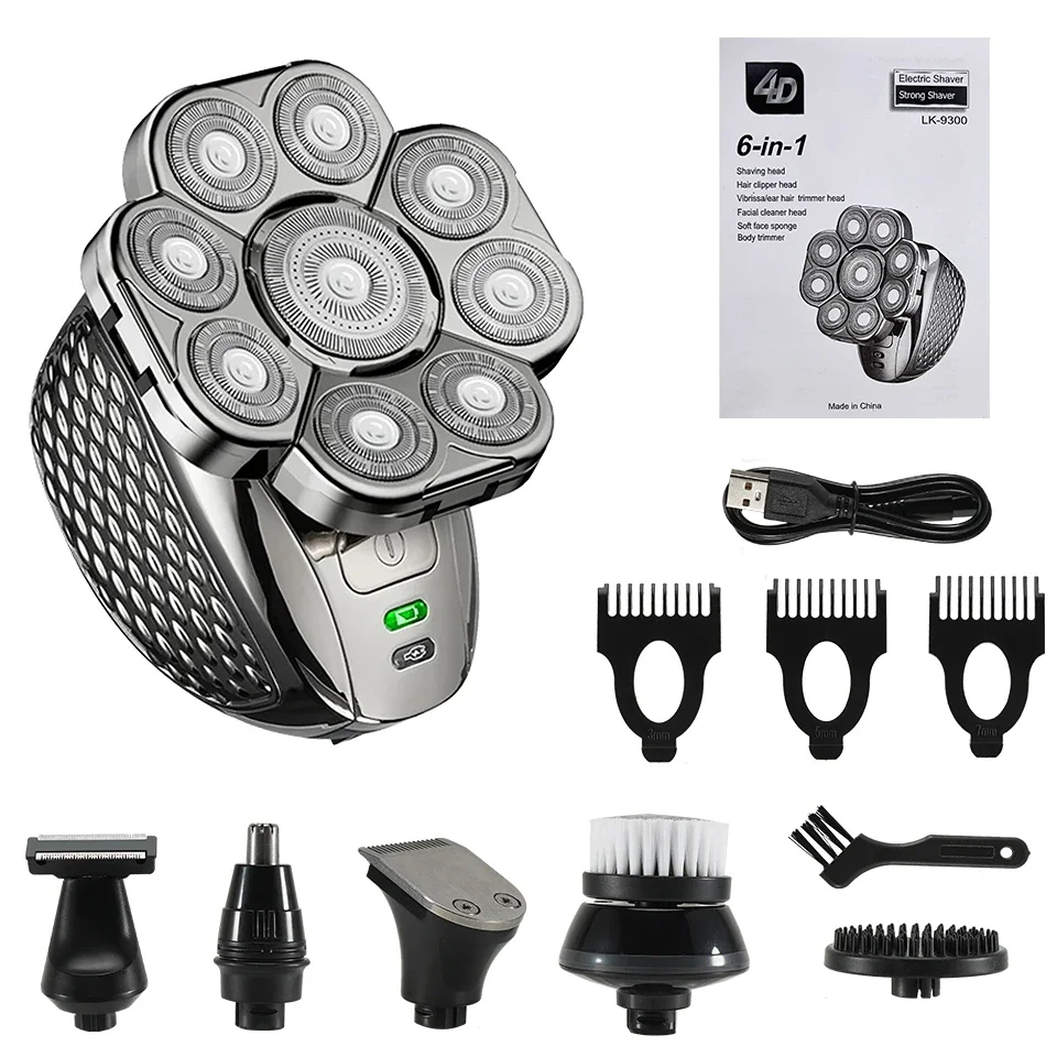 6 in 1 Professional men Waterproof electric shaver with 9 Cutter Floating Head, USB Rechargeable Multifunction Grooming Kit