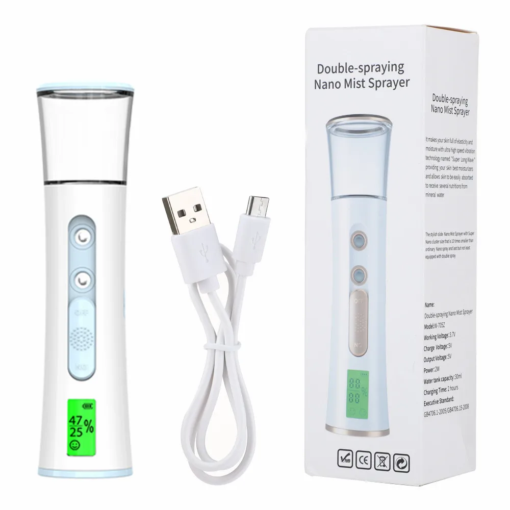 Double Spray-head Nano Mist Sprayer Mini Hydrating Humidifier Skin Care LED Display Portable Facial Steamer Handheld Nebulizer