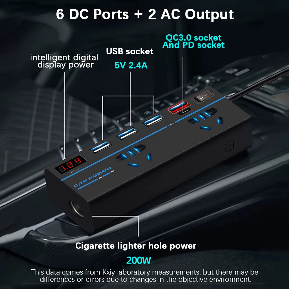 DC 12V/24V to AC 110V/220V Converter USB/PD/Type-C Chargers 200W 8 Ports Sockets ON/OFF Switch Power Adapter Car Inverter QC 3.0