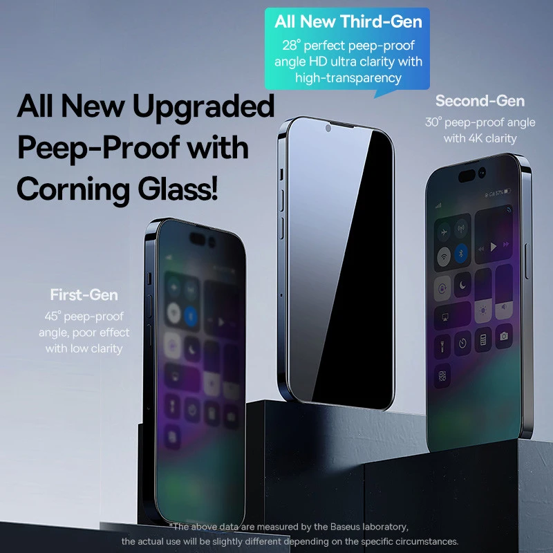 Baseus 0.4mm Corning Tempered Glass for iPhone 16 15 14 13 Pro Max Plus Screen Protector Anti-Peeping Auto Installation Film