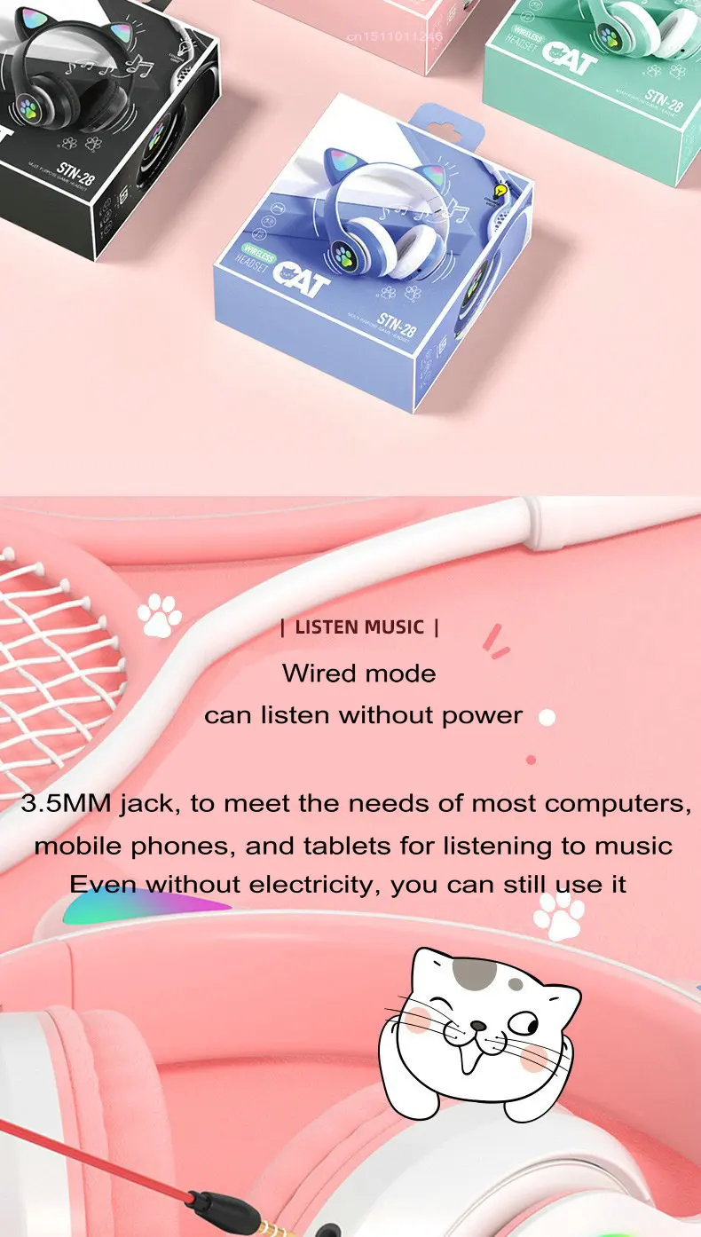 Cat Ears Headphones Flash Light Wireless With MIC Control LED Kid Girl Stereo Cute Music Helmet Bluetooth Phone Headset Earphone