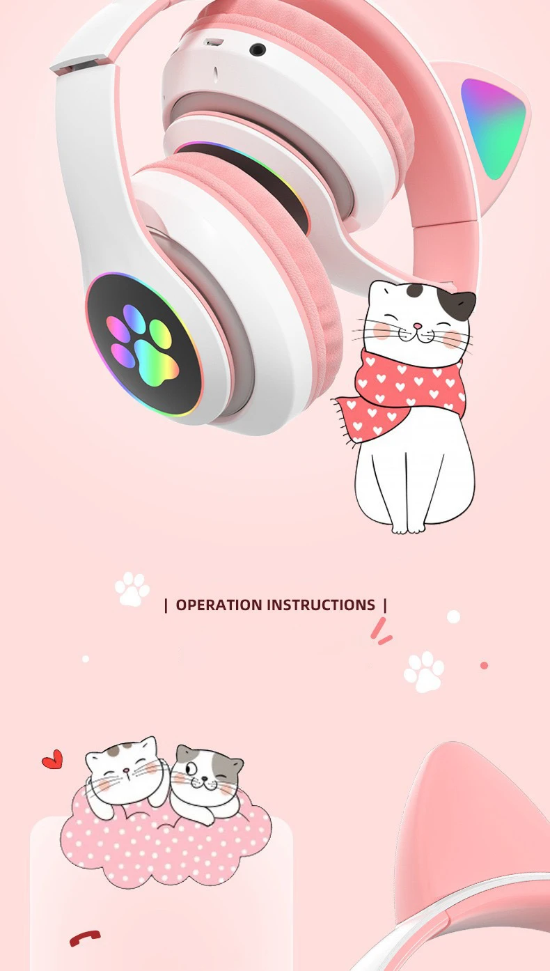 Cat Ears Headphones Flash Light Wireless With MIC Control LED Kid Girl Stereo Cute Music Helmet Bluetooth Phone Headset Earphone