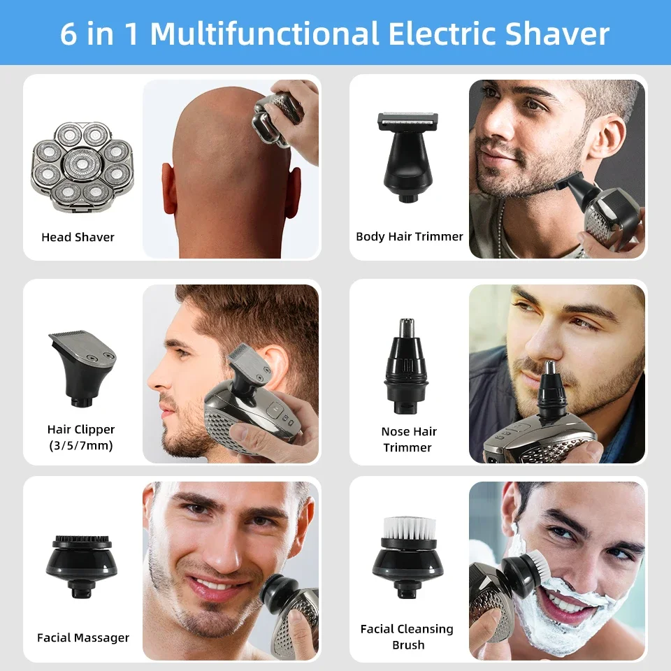 6 in 1 Professional men Waterproof electric shaver with 9 Cutter Floating Head, USB Rechargeable Multifunction Grooming Kit