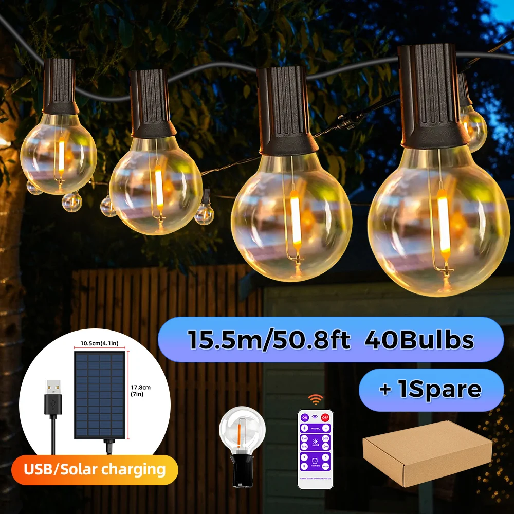 Solar String Lights Outdoor G40 Patio Lights with LED Shatterproof Bulbs,Weatherproof Hanging Lights for Backyard Bistro