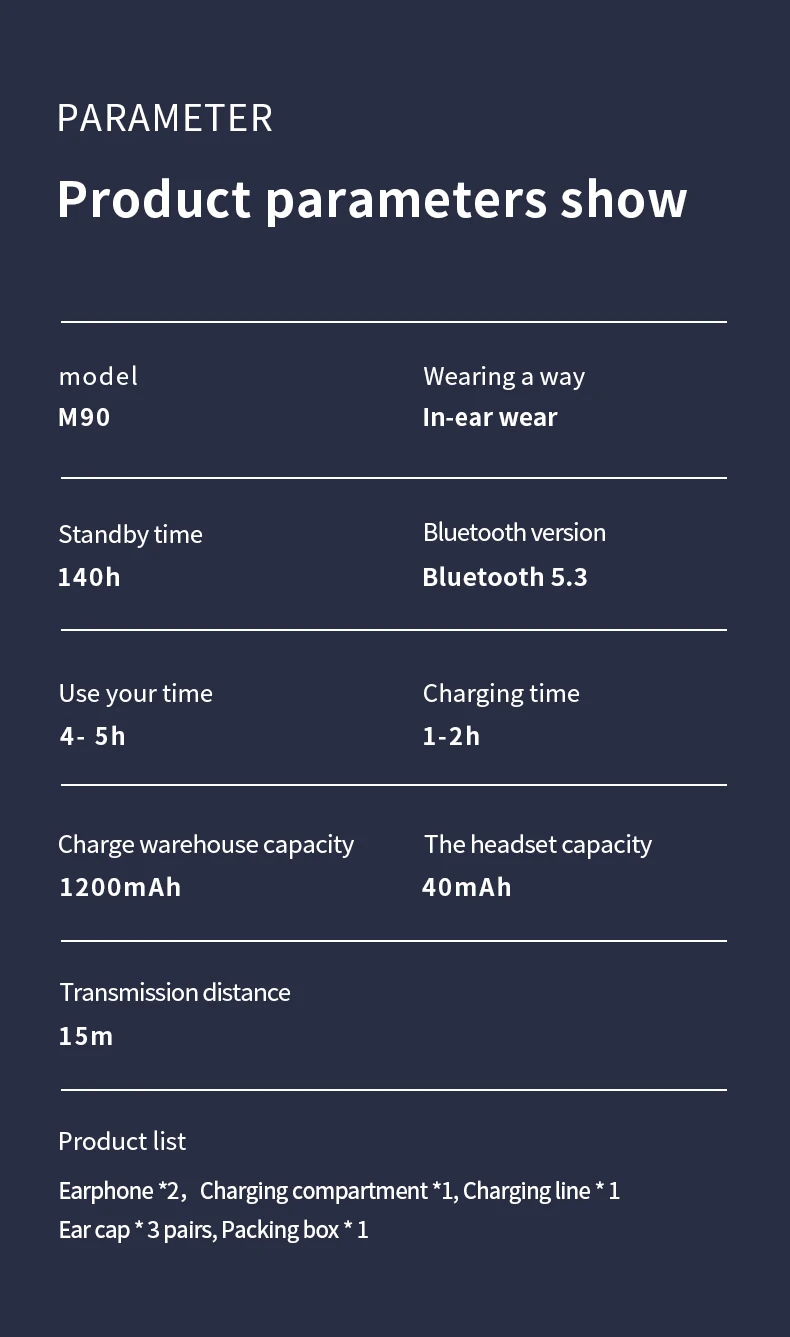 M90 Bluetooth Earphones Wireless Bluetooth In Ear High Power Noise Reduction Ultra Long Endurance Sports Esports Earphones