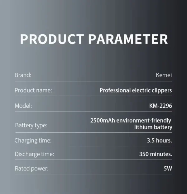 Kemei KM-2296 KM-2299 KM-1102 Professional Hair Clipper Kit Electric Shaver Male Hair Cutting Machine Men’s Cordless Trimmer