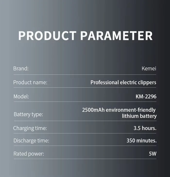 Kemei KM-2296 KM-2299 KM-1102 Professional Hair Clipper Kit Electric Shaver Male Hair Cutting Machine Men’s Cordless Trimmer