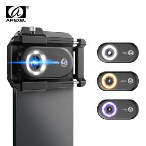 APEXEL New Upgrated 100X-200X Microscope Lens  3in 1Phone Camera Lens Kit Macro Lenses with LED Light for almost All Smartphone
